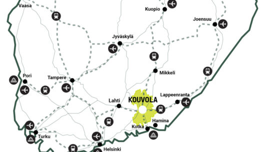 Kouvolan sijaintikartta osoittaa kunnan sijainnin eteläisessä Suomessa ja pääväylät Etelä-Suomen suurimpiin kaupunkeihin.