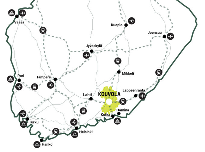 Kouvolan sijaintikartta osoittaa kunnan sijainnin eteläisessä Suomessa ja pääväylät Etelä-Suomen suurimpiin kaupunkeihin.